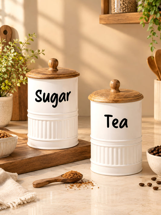 Neo-Modern Airtight Metal Kitchen Storage Canisters with Wooden Lids (Set of 2 - Sugar & Tea)