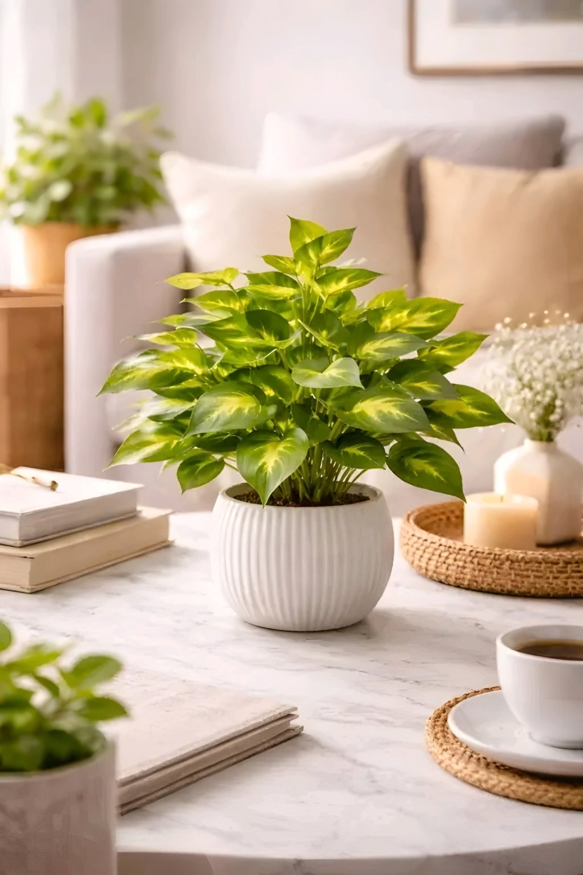 Artificial Money Plant in White Ribbed Ceramic-Look Pot