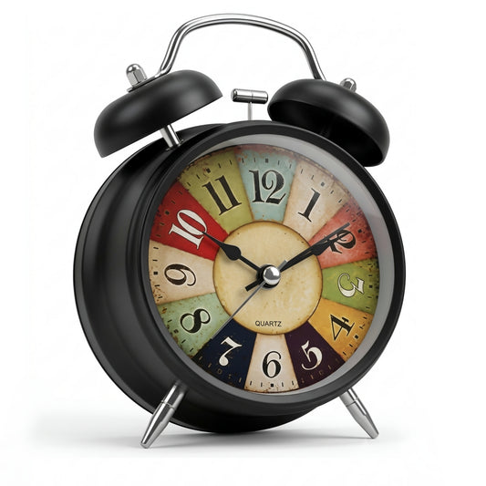 Vintage Twin Bell Metal Alarm Clock - Silent Non-Ticking Retro Desk Clock with Multicolor Dial & Night Backlight (Matte Black)