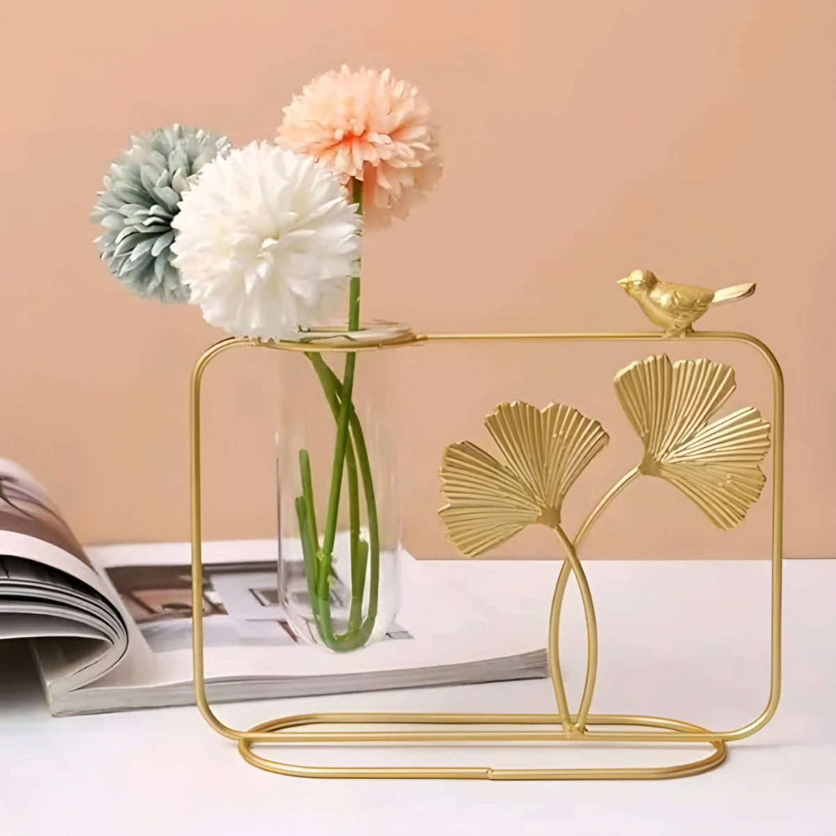 Nordic Golden Metal Plant Propagation Station with Glass Test Tube Vase