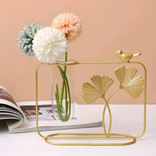 Nordic Golden Metal Plant Propagation Station with Glass Test Tube Vase