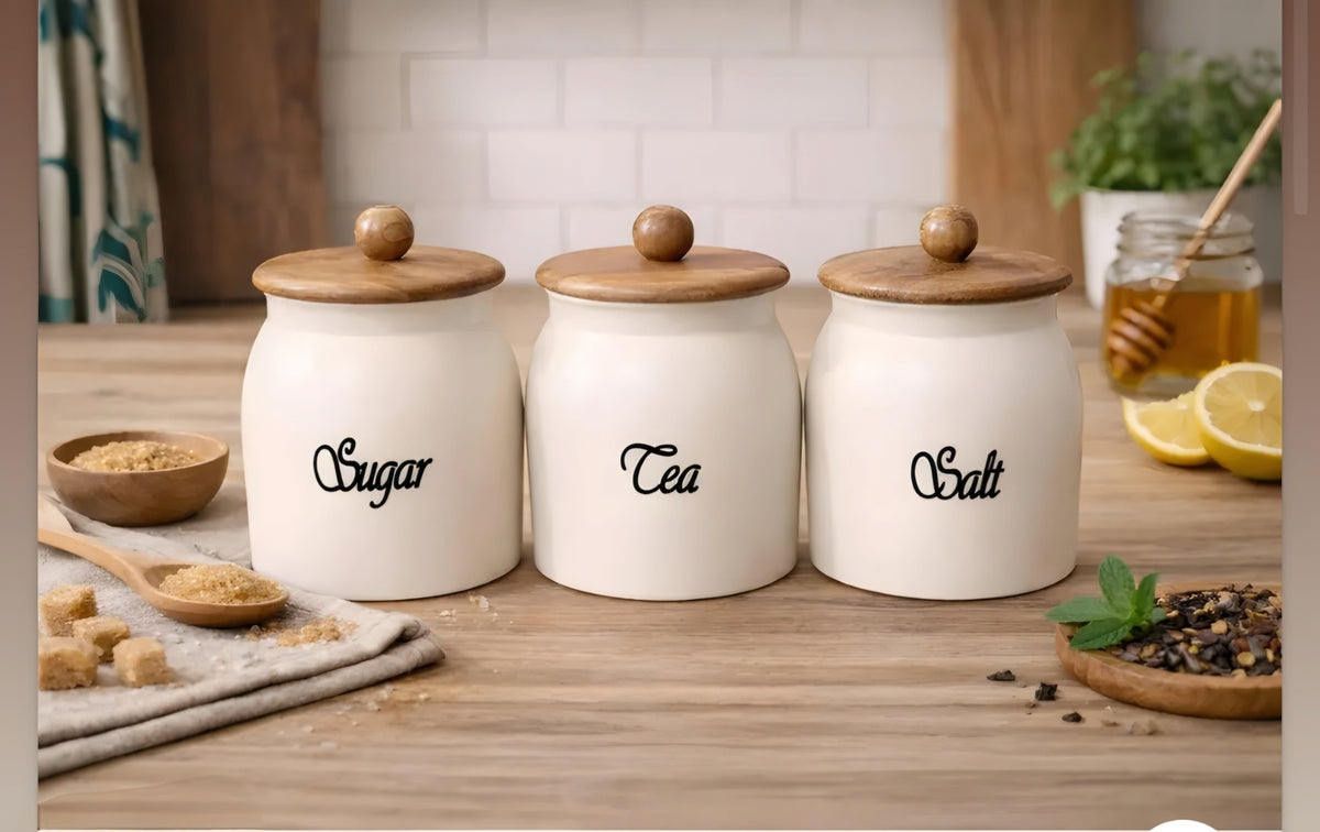 Aesthetic 3-Piece Airtight Kitchen Canister Set (Tea, Sugar & Salt)
