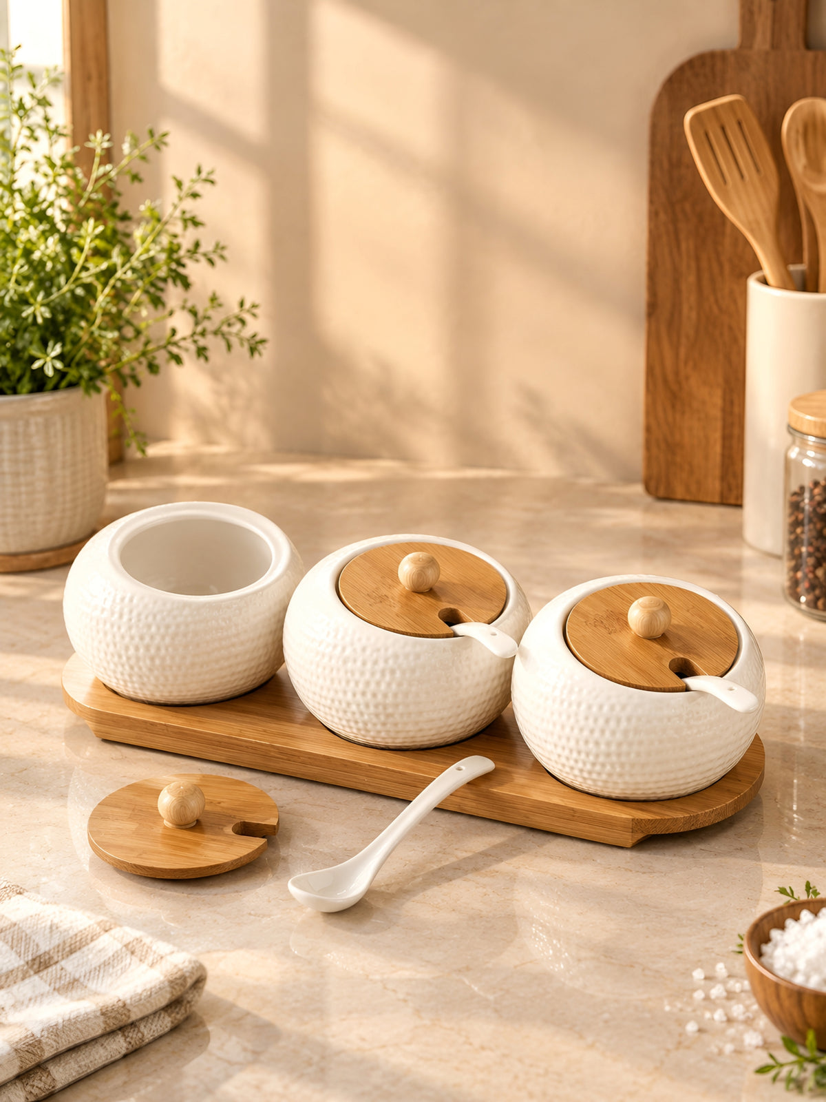 Luxury White Ceramic Spice Condiment Jar Set with Wooden Tray, Lids & Spoons