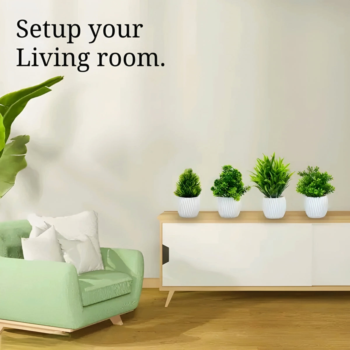Mini Decorative Artificial Potted Plants with White Ribbed Pots (Set of 6)