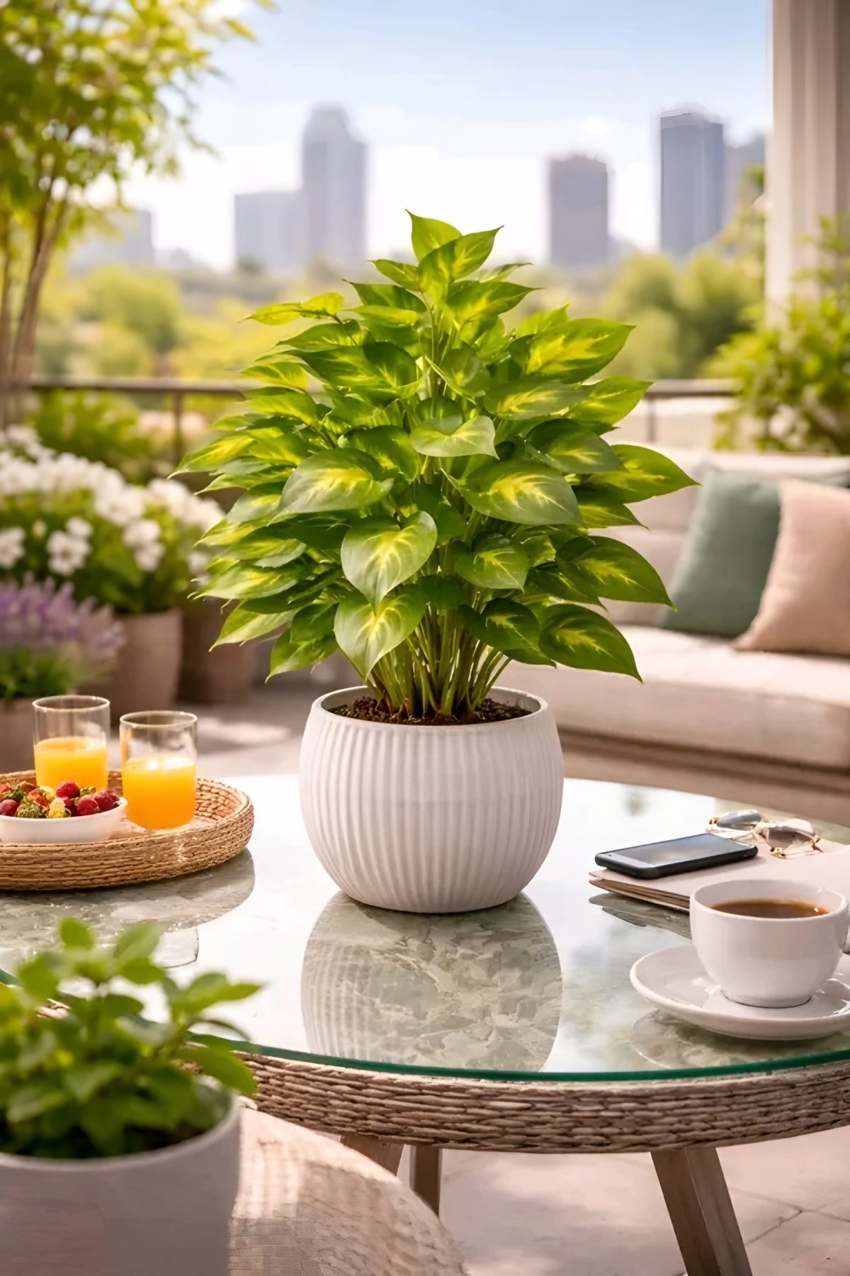 Artificial Money Plant in White Ribbed Ceramic-Look Pot