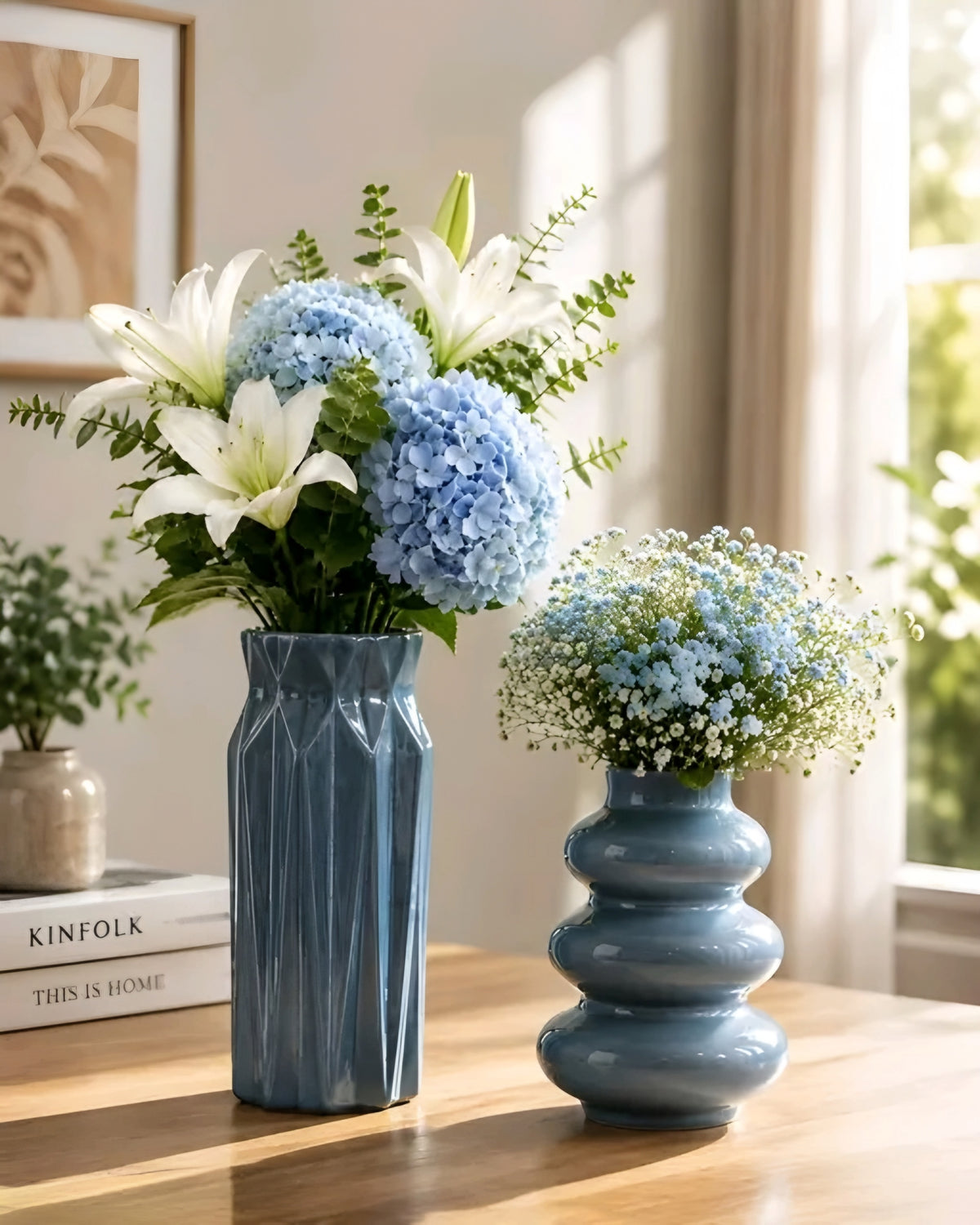 Modern Minimalist Ceramic Turquoise Green Flower Vases (Set of 2 - 8 & 6 Inch)