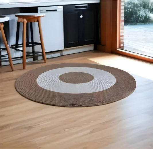 Handwoven Round Cotton Braided Floor Mat Rug - Colorblocked Decorative Area Carpet for Living Room, Bedroom & Kids Room (80x80 cm, Beige & Off-White)