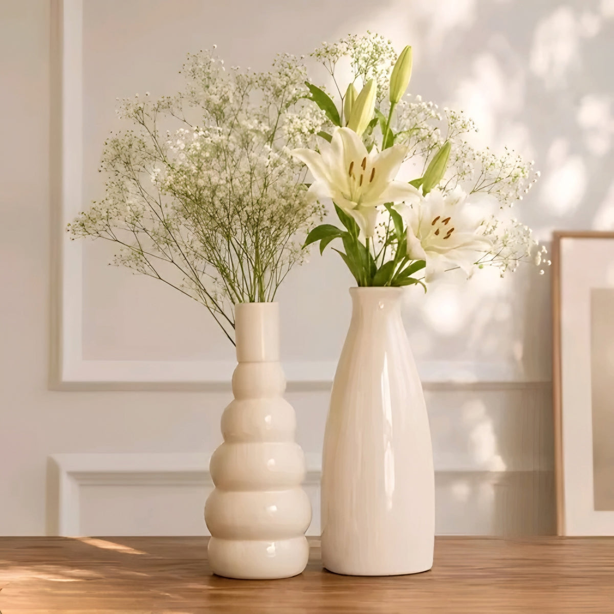 Modern Cream Ceramic Flower Vases (Set of 2 - Bubble & Tapered Bottle Design)