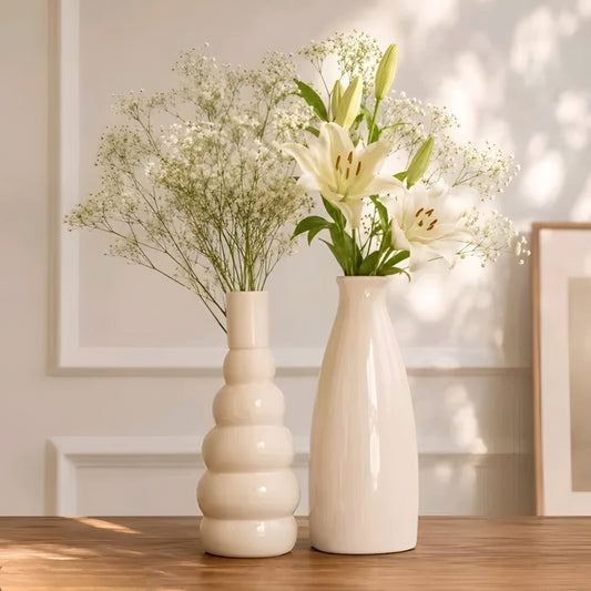 Modern Cream Ceramic Flower Vases (Set of 2 - Bubble & Tapered Bottle Design)