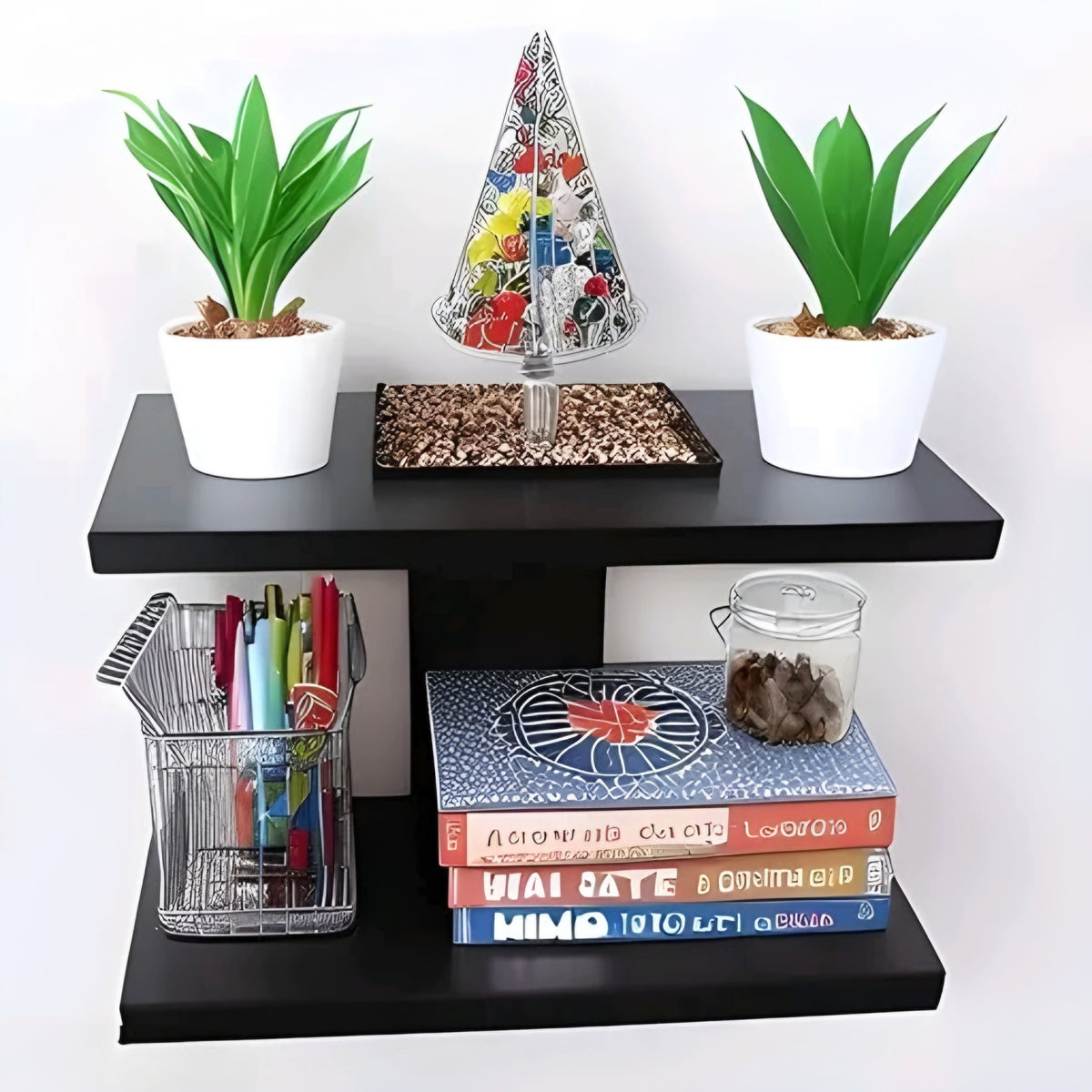 Modern 2-Tier Interlocking Wooden Floating Wall Shelf (Matte Black)