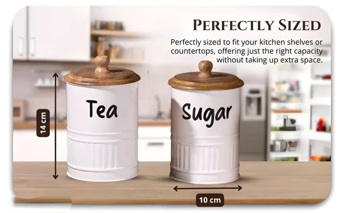 Neo-Modern Airtight Metal Kitchen Storage Canisters with Wooden Lids (Set of 2 - Sugar & Tea)