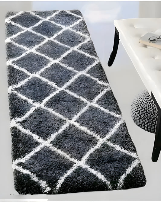 Ultra Soft Microfiber Geometric Diamond Floor Runner Rug - Anti-Slip Shaggy Carpet for Bedside, Kitchen & Hallway (55x140 cm, Grey)