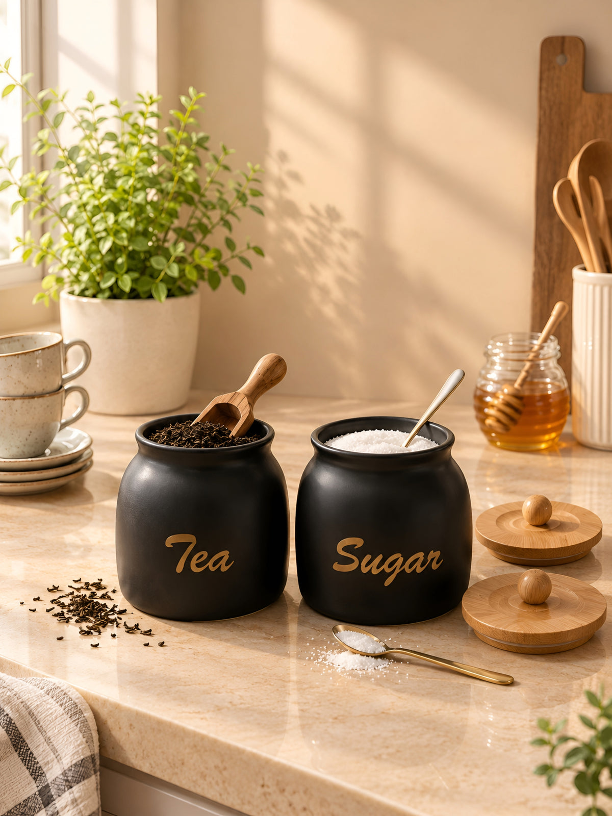 Premium Metal Tea & Sugar Canister Set with Wooden Lids & Spoons (Set of 2)