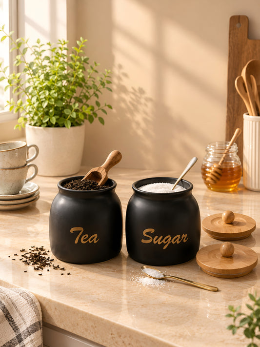 Premium Metal Tea & Sugar Canister Set with Wooden Lids & Spoons (Set of 2)