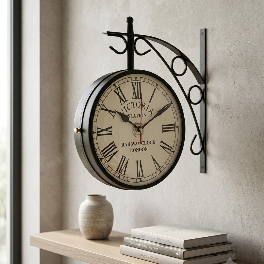 Vintage Victoria Station Double-Sided Hanging Wall Clock - Antique Metal Railway Clock (8 Inch)