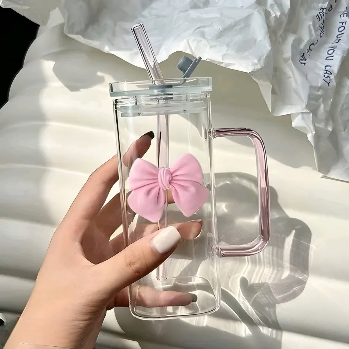 Coquette Pink Bow Glass Sipper Cup with Lid & Straw (400 ml)