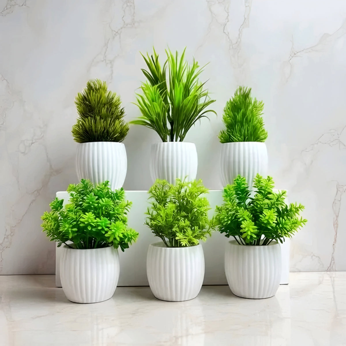 Mini Decorative Artificial Potted Plants with White Ribbed Pots (Set of 6)