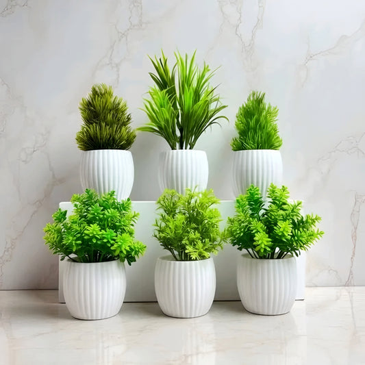 Mini Decorative Artificial Potted Plants with White Ribbed Pots (Set of 6)