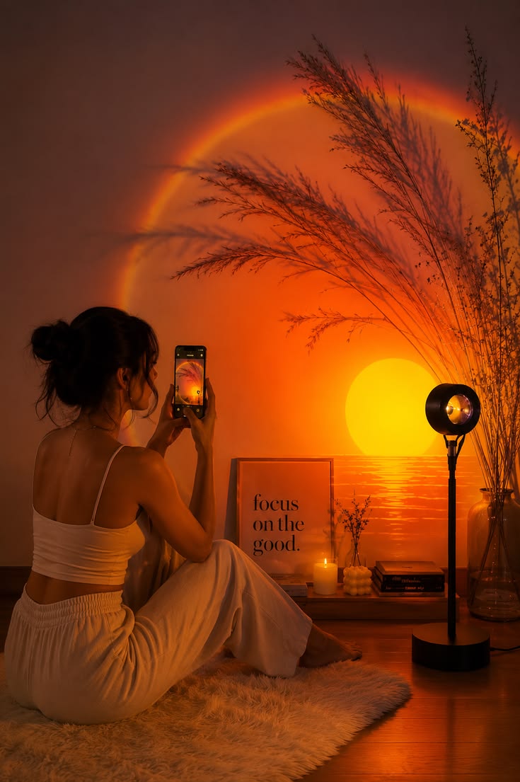 16-Color RGB Sunset Lamp Projector - 360° Rotating LED Night Light Desk Lamp with Remote Control for Photography, Video Shooting & Aesthetic Room Lighting