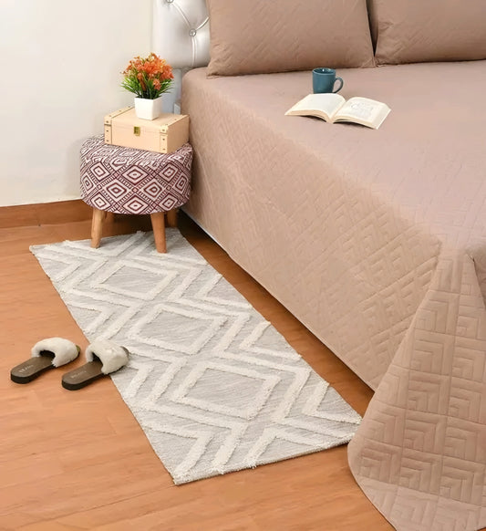 Pure Cotton Tufted Geometric Bedside Floor Runner Rug - Minimalist Beige Area Carpet with Tassels (2x5 Feet)