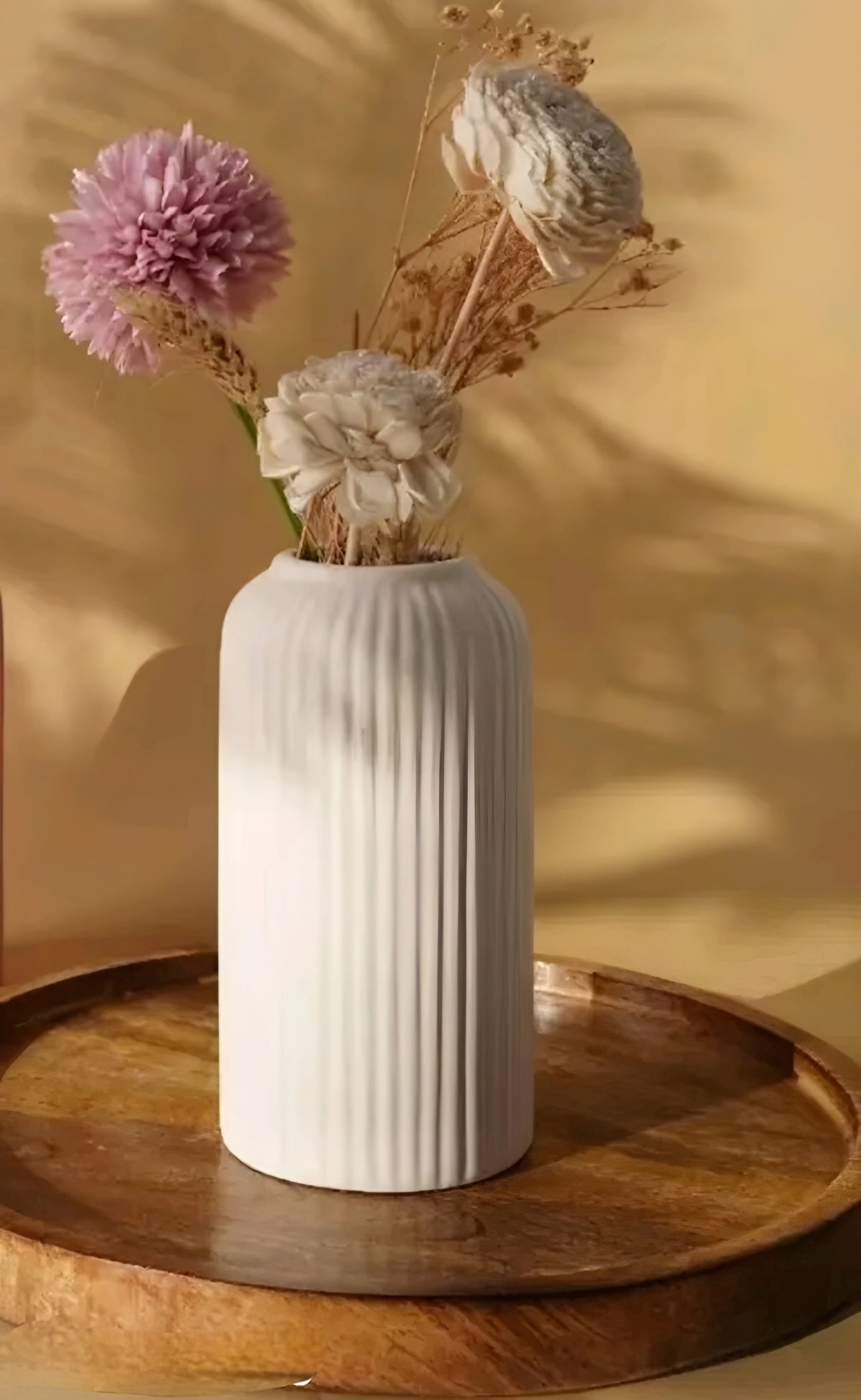 Vintage White Ribbed Ceramic Flower Vase (6 Inch)