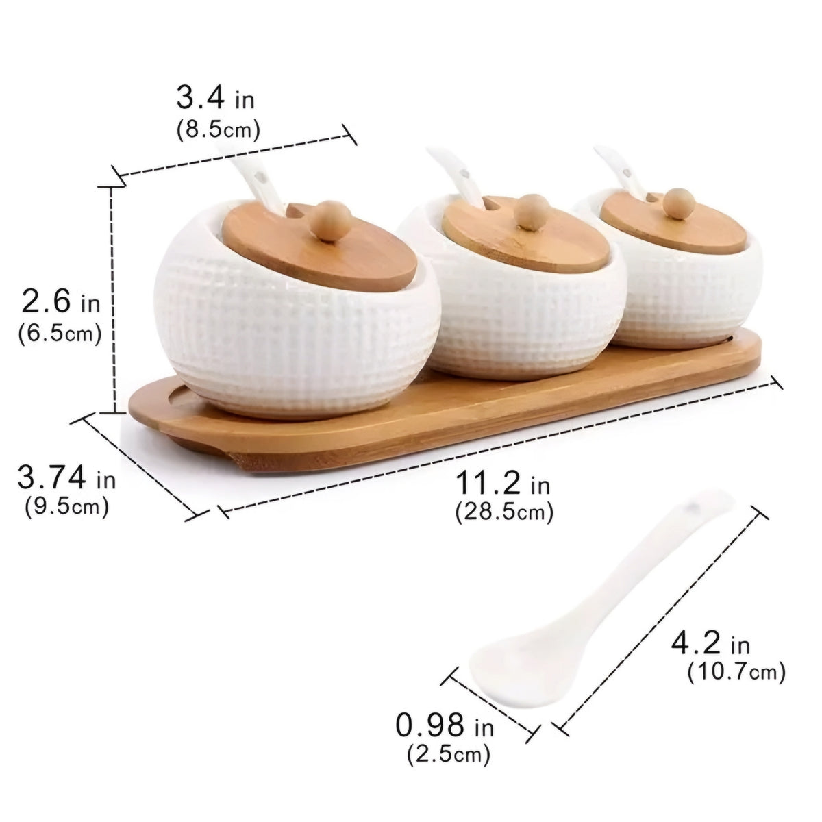 Luxury White Ceramic Spice Condiment Jar Set with Wooden Tray, Lids & Spoons