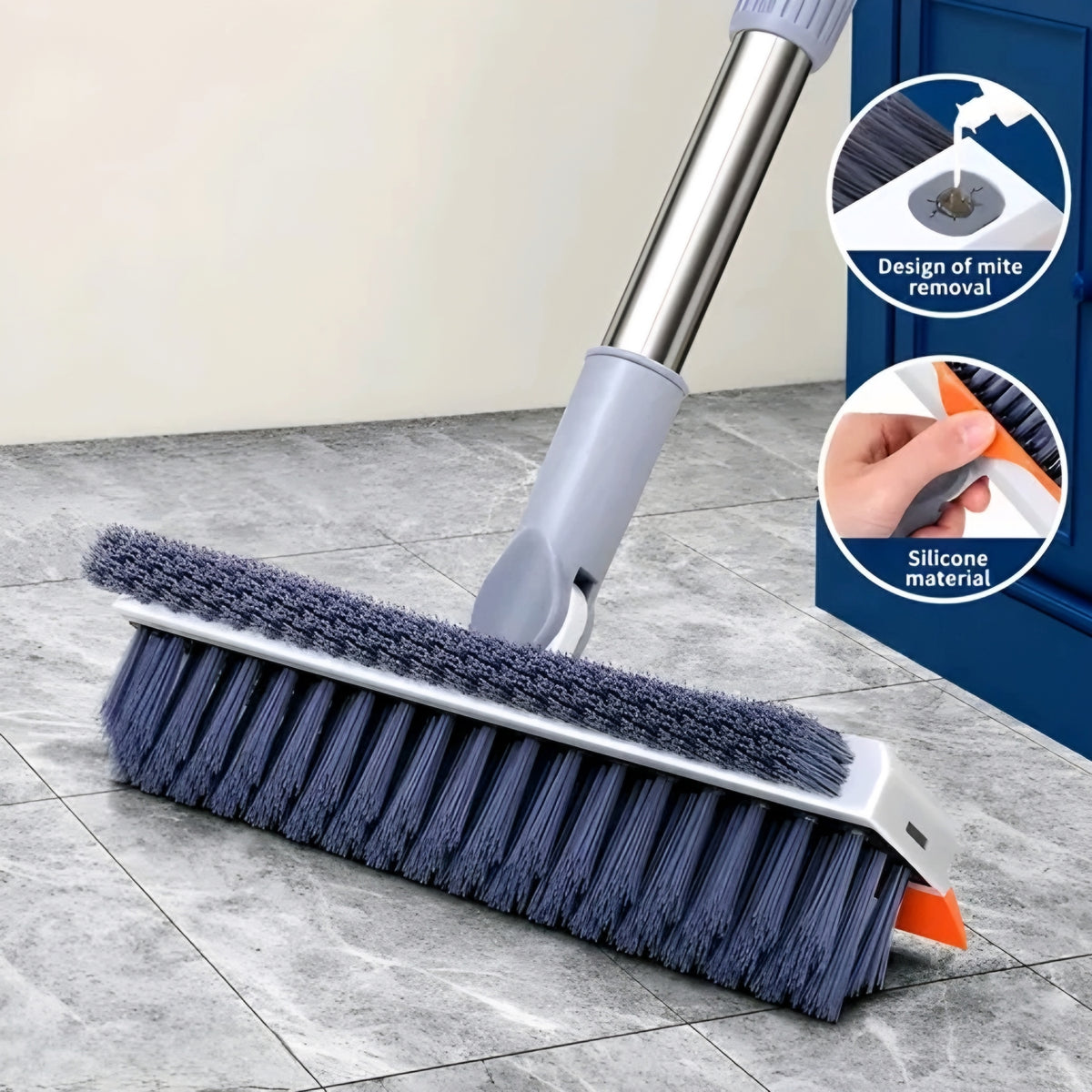 2-in-1 Bathroom Floor Scrub Brush with Squeegee Wiper | 180° Rotating Long Handle