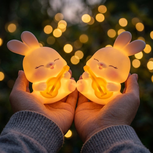 Cute Musical Bunny Night Lamp Combo (Pack of 2) - Battery Operated Warm White LED Bedside Light for Nursery & Kids Room