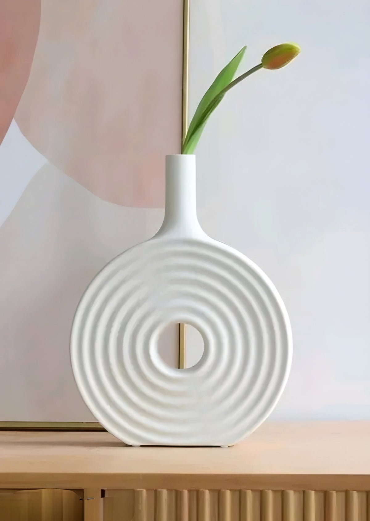 Modern Textured Ceramic Donut Vase (7 Inch White)