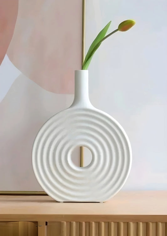 Modern Textured Ceramic Donut Vase (7 Inch White)