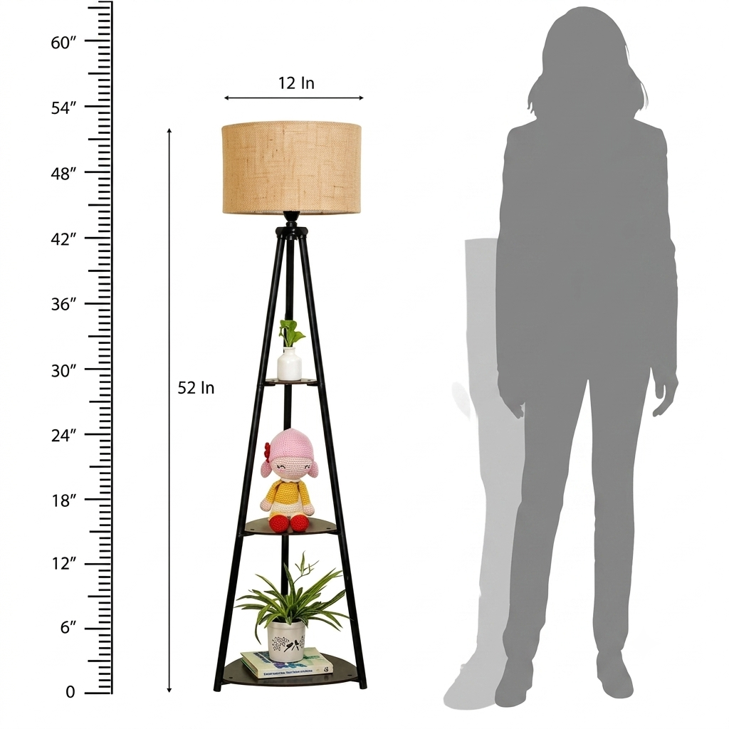 Modern Italian Wooden Corner Tripod Floor Lamp with Jute Shade & Built-in Storage Shelves (52 Inch)