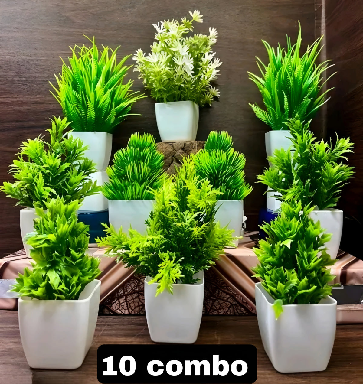 Mini Tabletop Artificial Plants in White Pots (Set of 10)