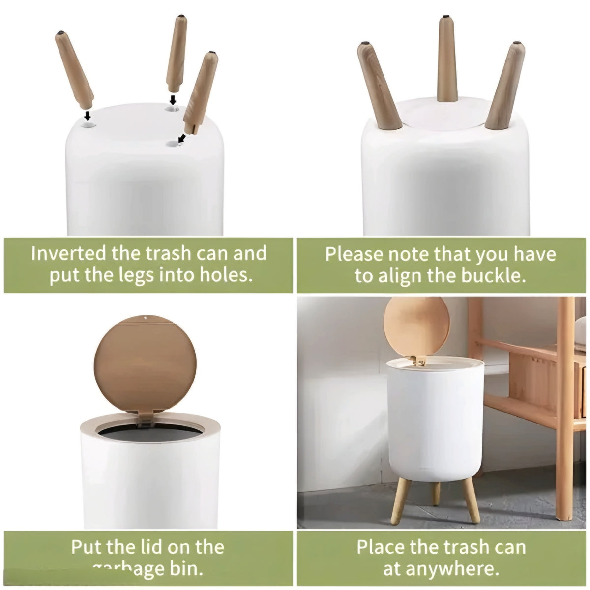 Modern Nordic Elevated Trash Can with Lid & Legs (White)