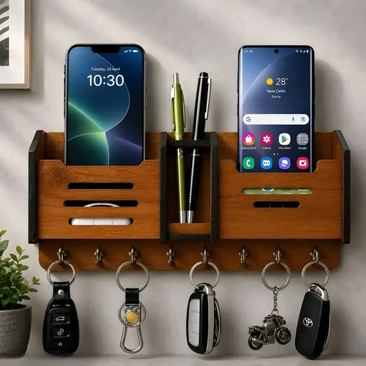 Modern Wooden Entryway Wall Organizer & Key Holder with Phone Dock