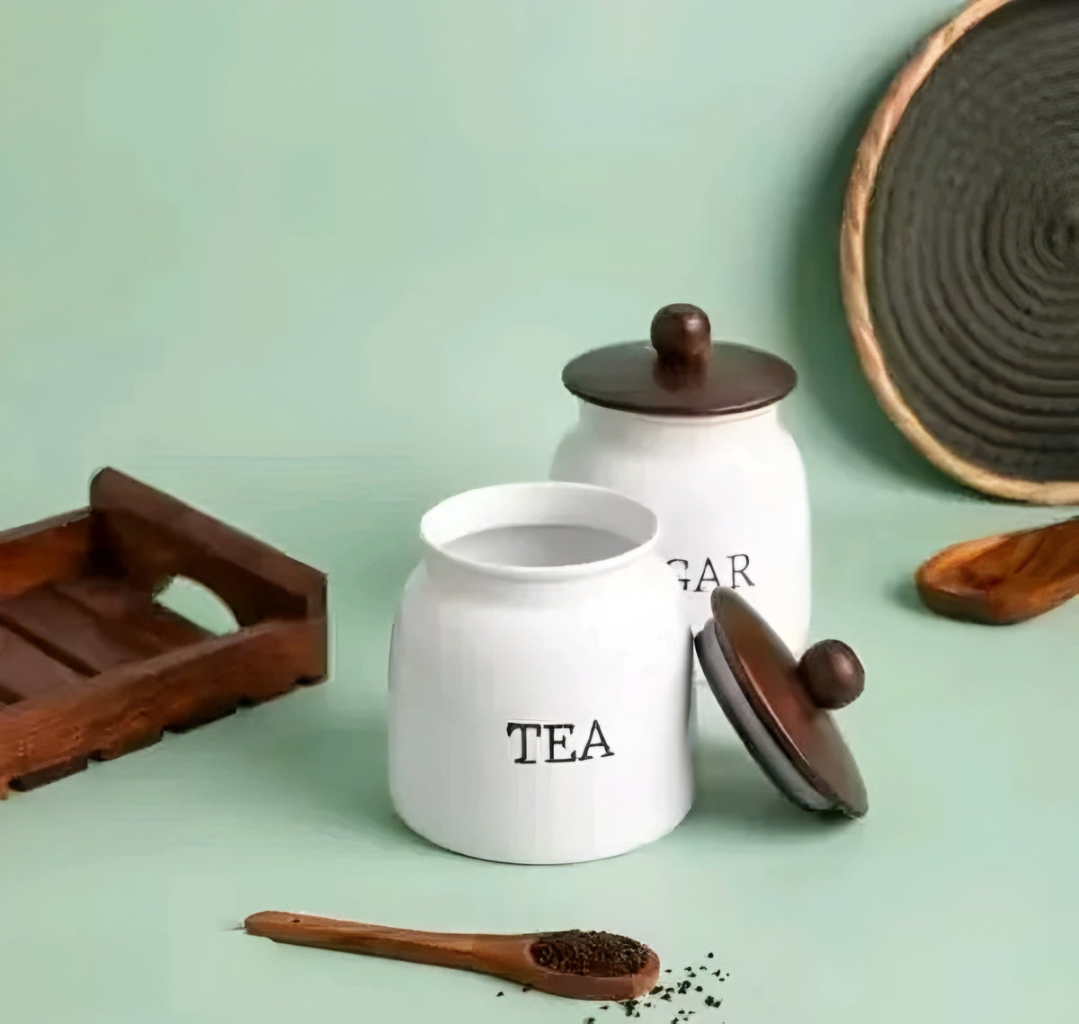 Modern White Metal Tea, Coffee & Sugar Storage Jar Set of 3 with Natural Wooden Lids (700 ml)