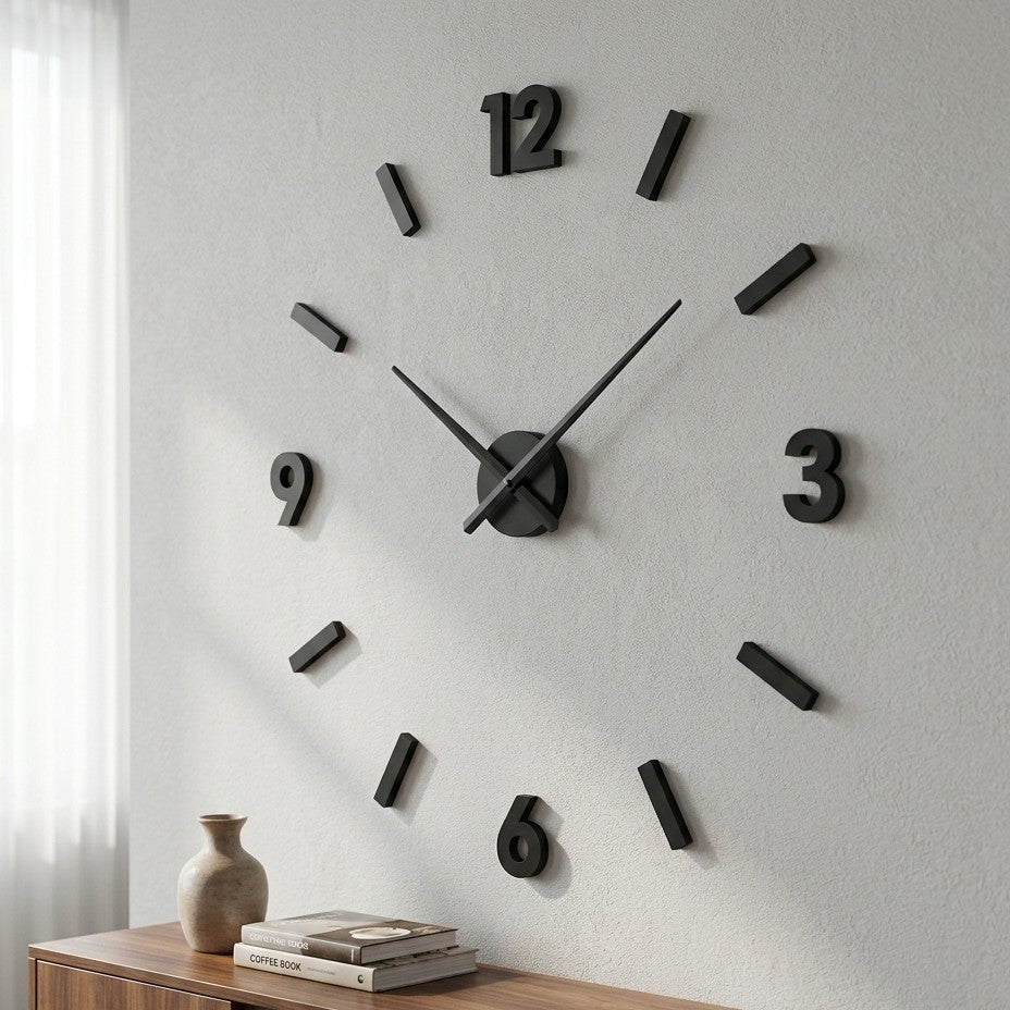 Minimalist 3D DIY Acrylic Frameless Wall Clock - Modern Floating Number & Dash Wall Clock for Home Decor (Black)