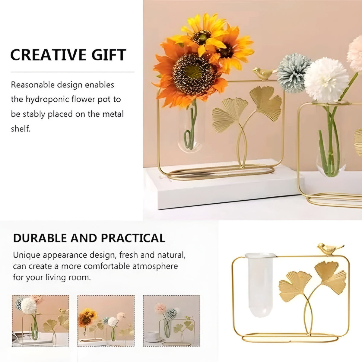 Nordic Golden Metal Plant Propagation Station with Glass Test Tube Vase