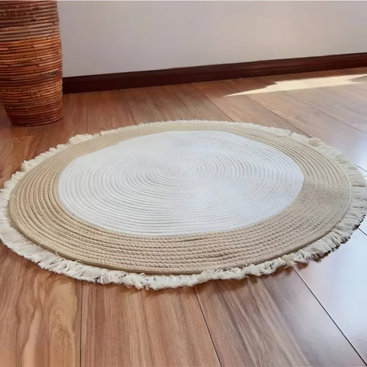 ROYAL TREND Modern Round Cotton Boho Rug with Tassels - Handwoven Decorative Floor Carpet for Living Room, Bedroom & Nursery (65x65 cm, Beige & White)