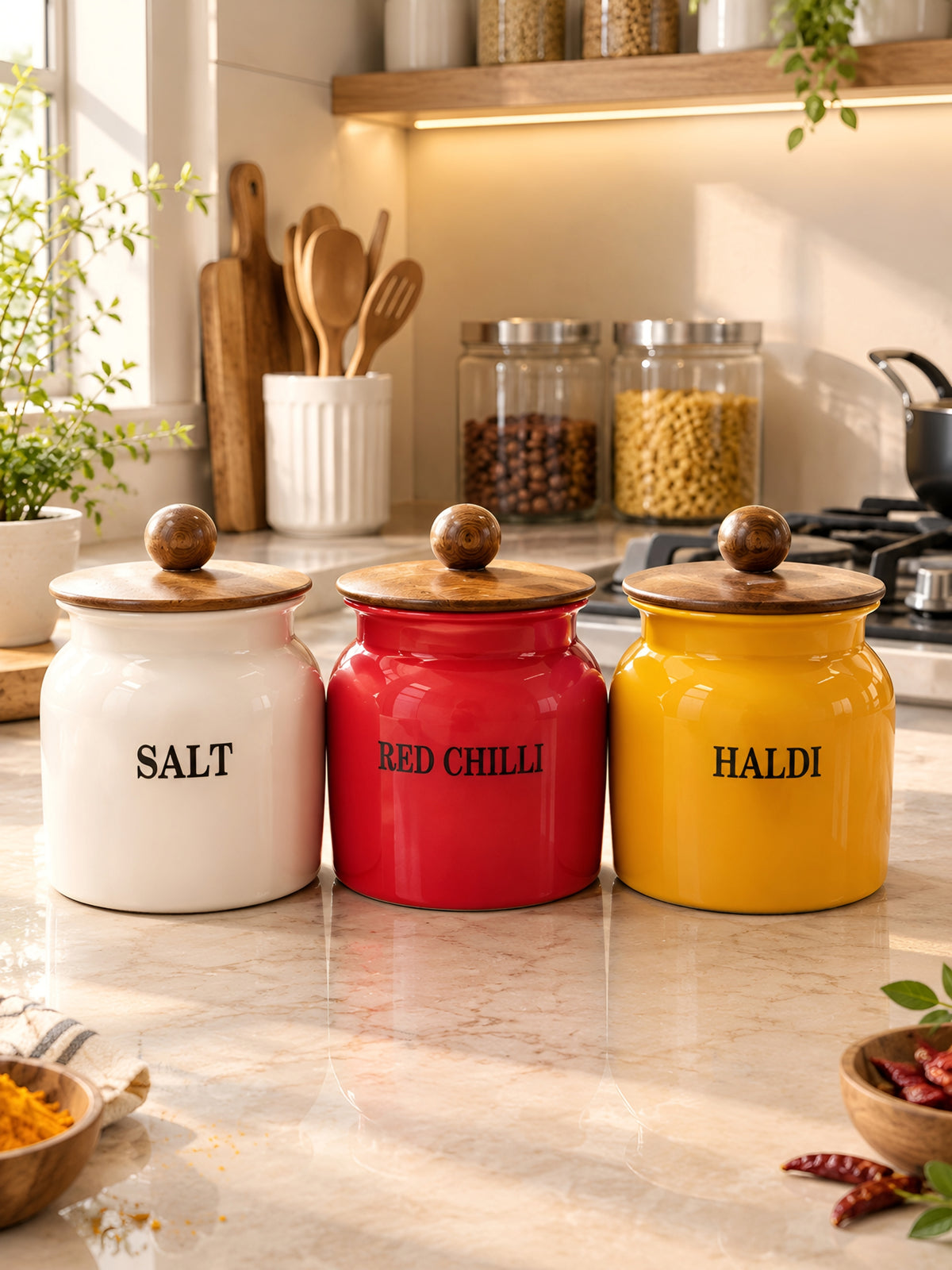Aesthetic 3-Piece Powder-Coated Spice Storage Containers with Wooden Lids (Salt, Red Chilli & Haldi)