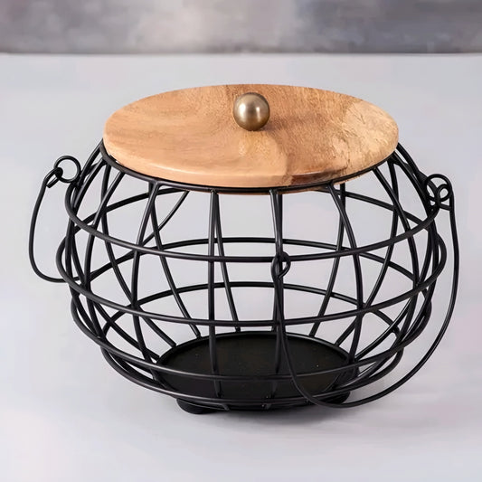 Modern Metal Wire Egg & Fruit Basket Organizer with Natural Wooden Lid (Black)
