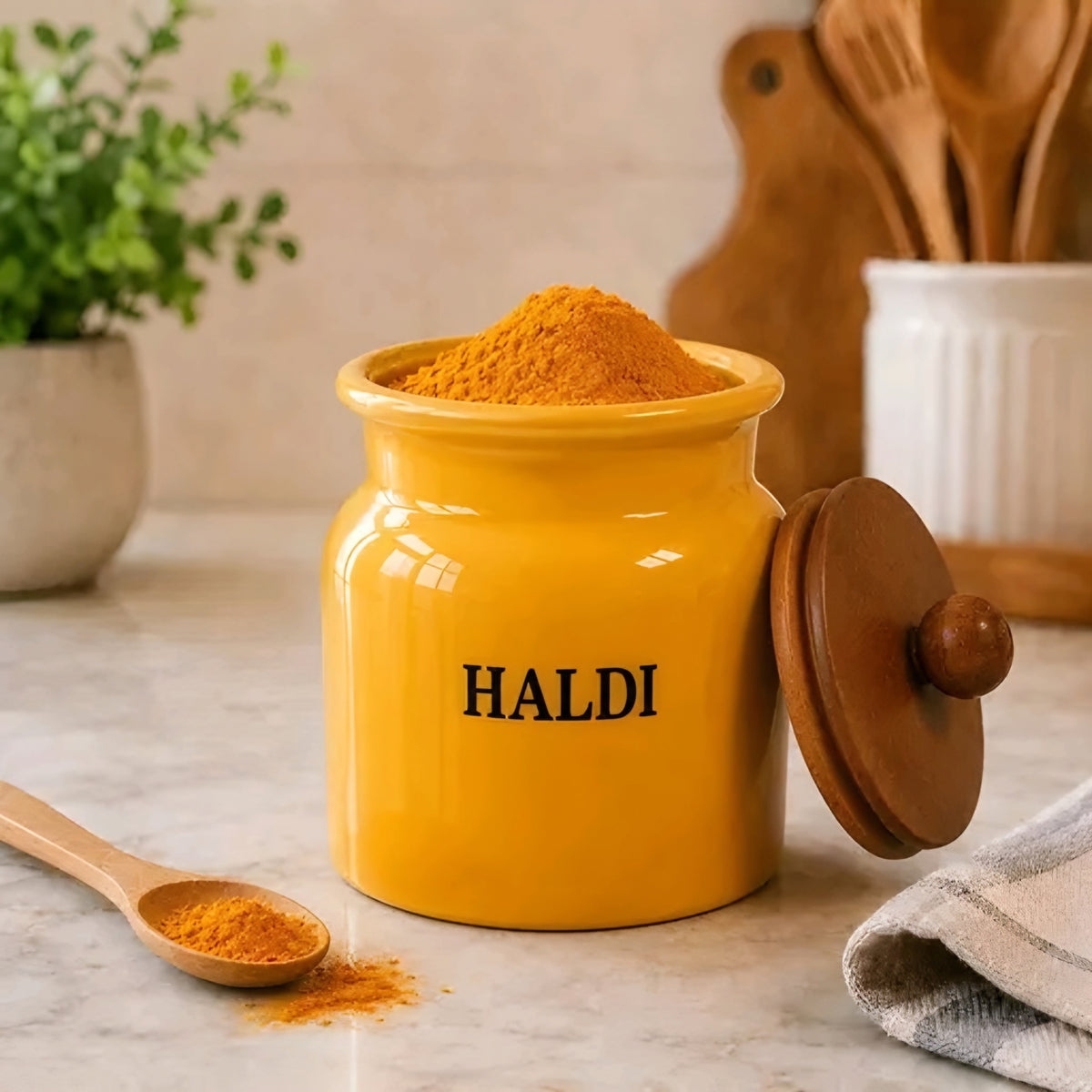 Aesthetic 3-Piece Powder-Coated Spice Storage Containers with Wooden Lids (Salt, Red Chilli & Haldi)