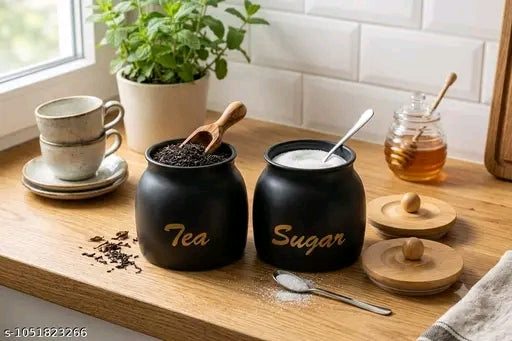 Premium Metal Tea & Sugar Canister Set with Wooden Lids & Spoons (Set of 2)