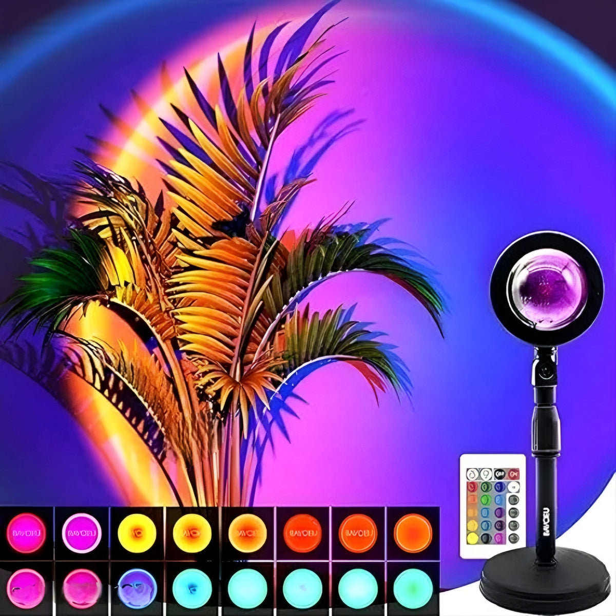 16-Color RGB Sunset Lamp Projector - 360° Rotating LED Night Light Desk Lamp with Remote Control for Photography, Video Shooting & Aesthetic Room Lighting