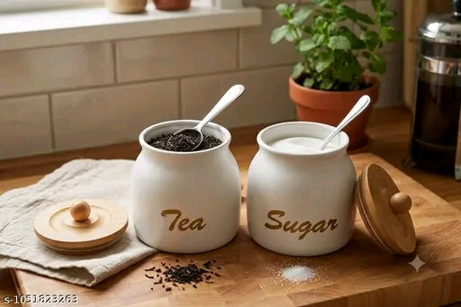 Premium Metal Tea & Sugar Canister Set with Wooden Lids & Spoons (Set of 2)
