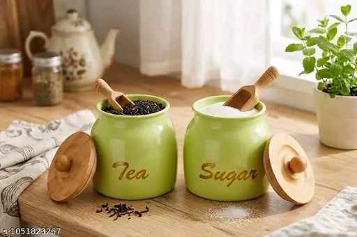 Premium Metal Tea & Sugar Canister Set with Wooden Lids & Spoons (Set of 2)