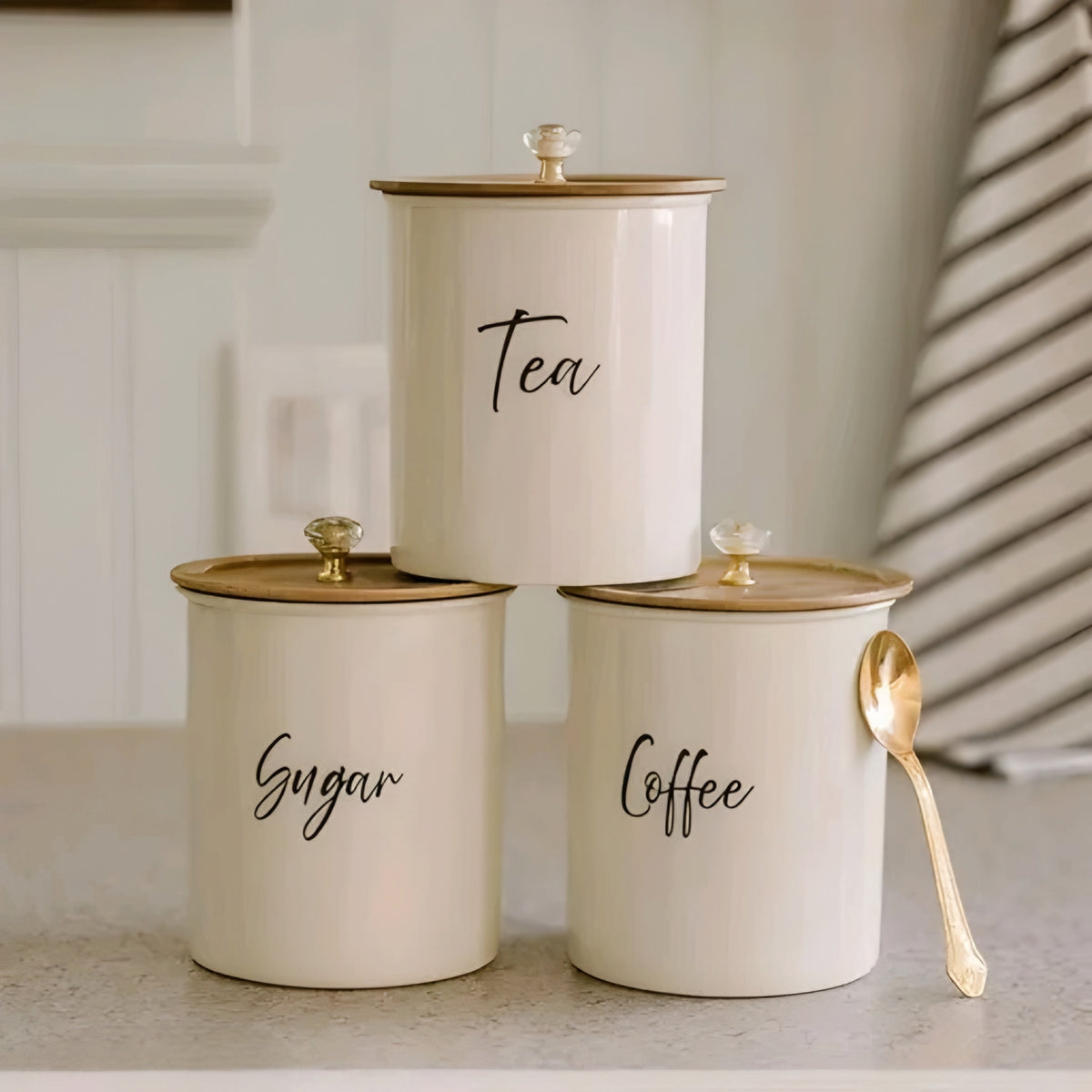 Modern Cream Metal Tea, Sugar & Coffee Storage Canister Jar Set of 3 with Airtight Lids