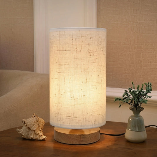 Modern Wooden Base Cylinder Bedside Table Lamp - Warm Fabric Lamp Shade for Bedroom, Living Room & Office Desk