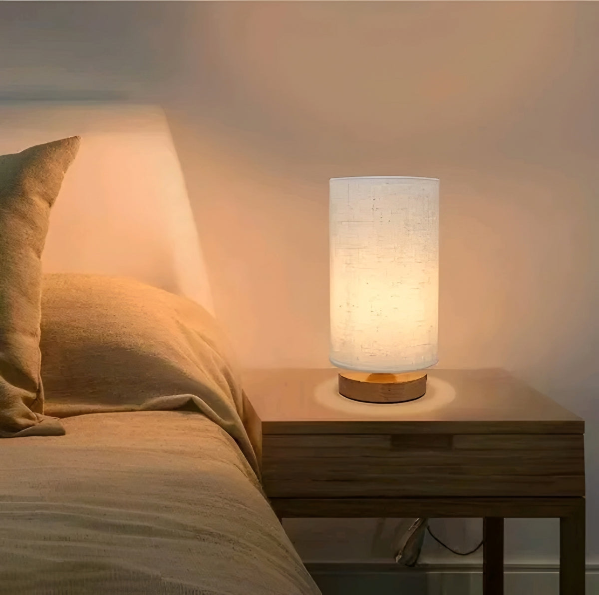 Modern Wooden Base Cylinder Bedside Table Lamp - Warm Fabric Lamp Shade for Bedroom, Living Room & Office Desk