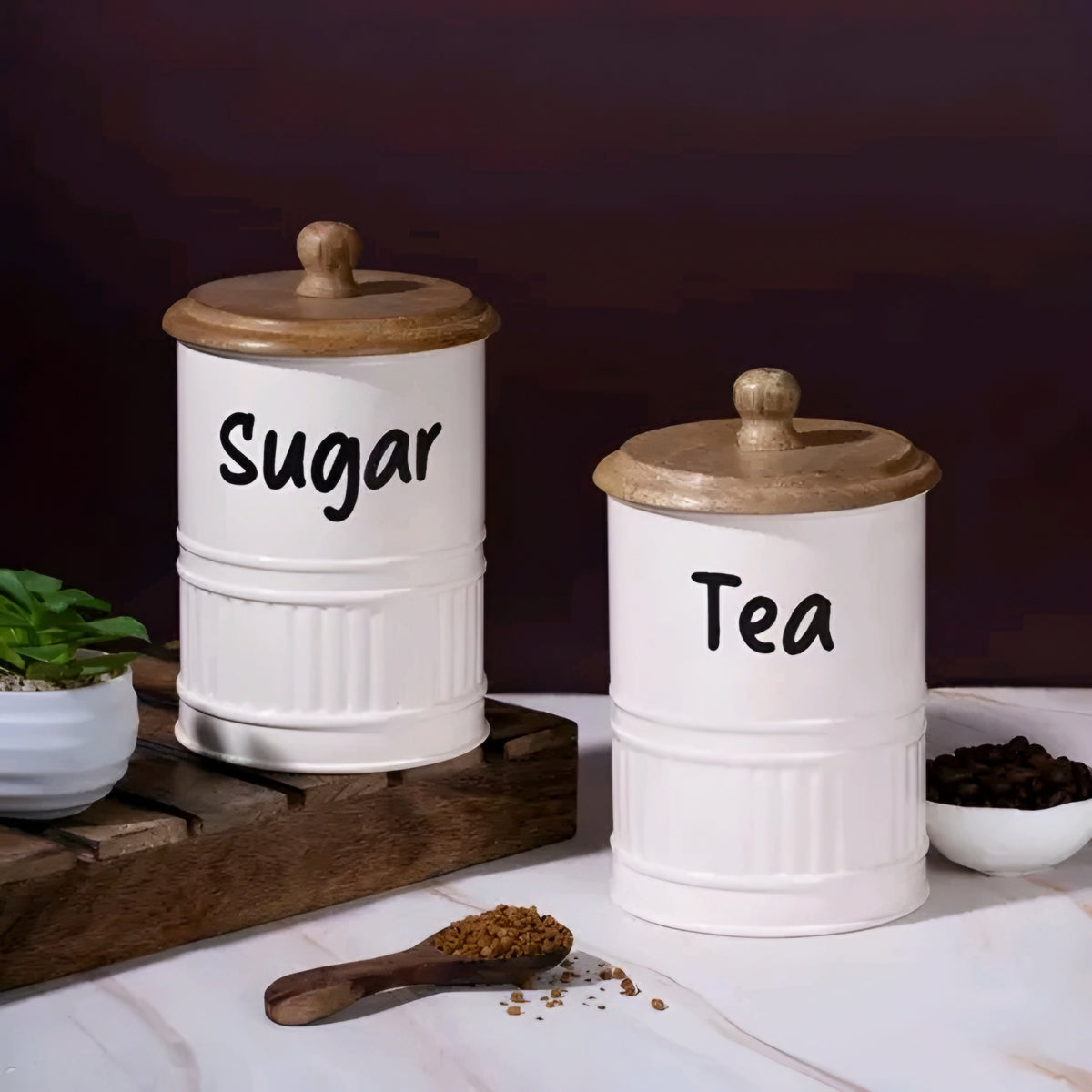 Neo-Modern Airtight Metal Kitchen Storage Canisters with Wooden Lids (Set of 2 - Sugar & Tea)