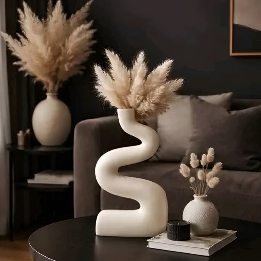 Modern Minimalist S-Curve Ceramic Vase (9.5 Inch White)